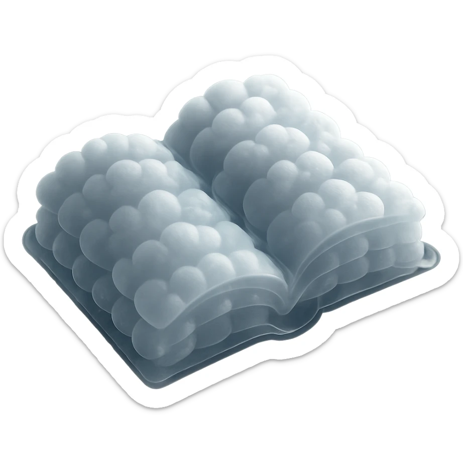 top view of a thick open book made entirely of small, very bright white fluffy convex clouds, matte glass style, emphasis on volume and airiness, no background sticker