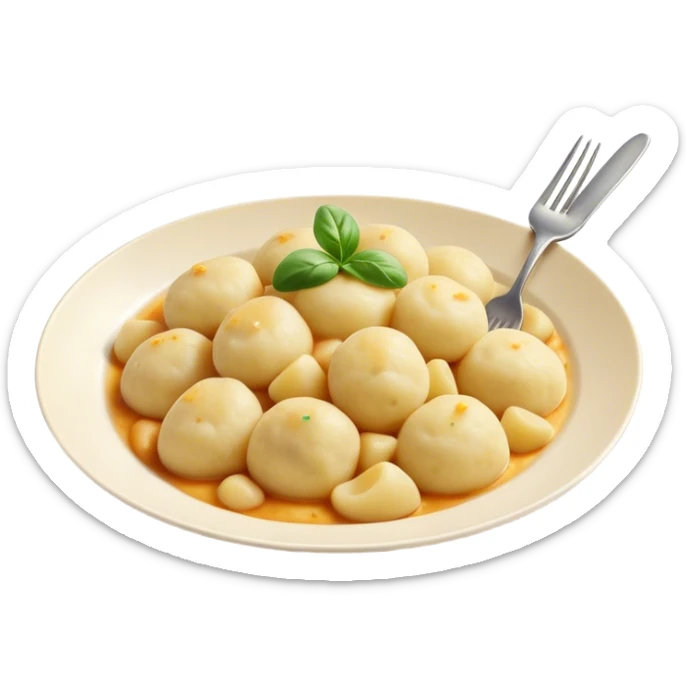 Gnocchi Cinematic Realistic Gnocchi Dish Emoji, depicted as tender potato dumplings garnished with iconic fork marks on top, rendered with soft textures and warm, inviting lighting. sticker