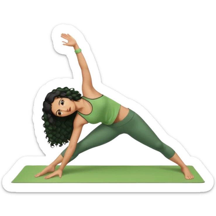 a woman with olive skin tone and curly black hair wearing green and doing a downward dog yoga pose sticker
