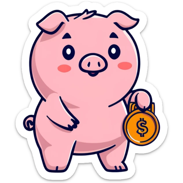 cute penny coin mascot with arms and legs, holding a piggy bank, financial advisor character sticker