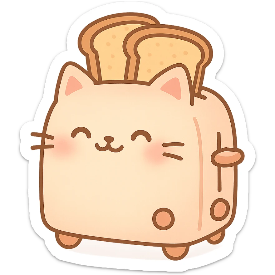 kawaii toaster cat popping out two toast slices, smiling sweetly, soft pastel colors, full-body sticker