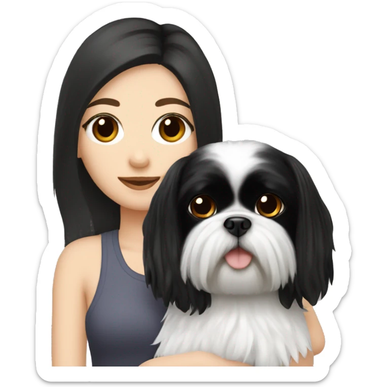 white girl with black hair and eyes holding a black shih tzu sticker