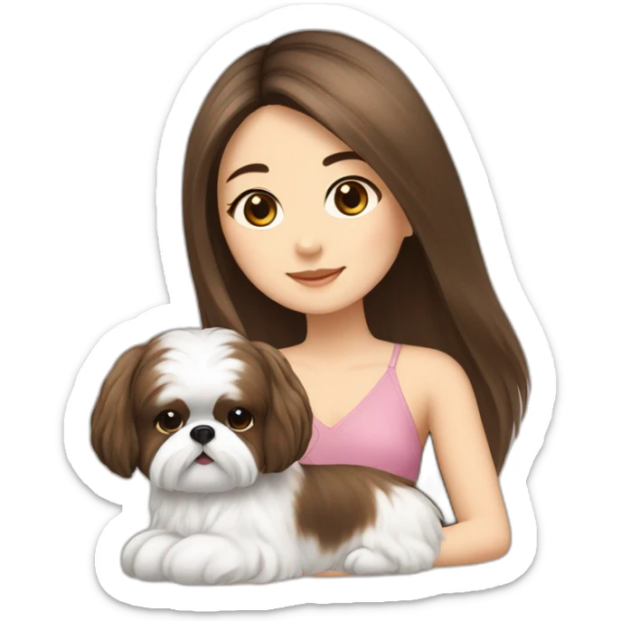 a asian girl in long brown hair sits with a white and brown shih tzu sticker