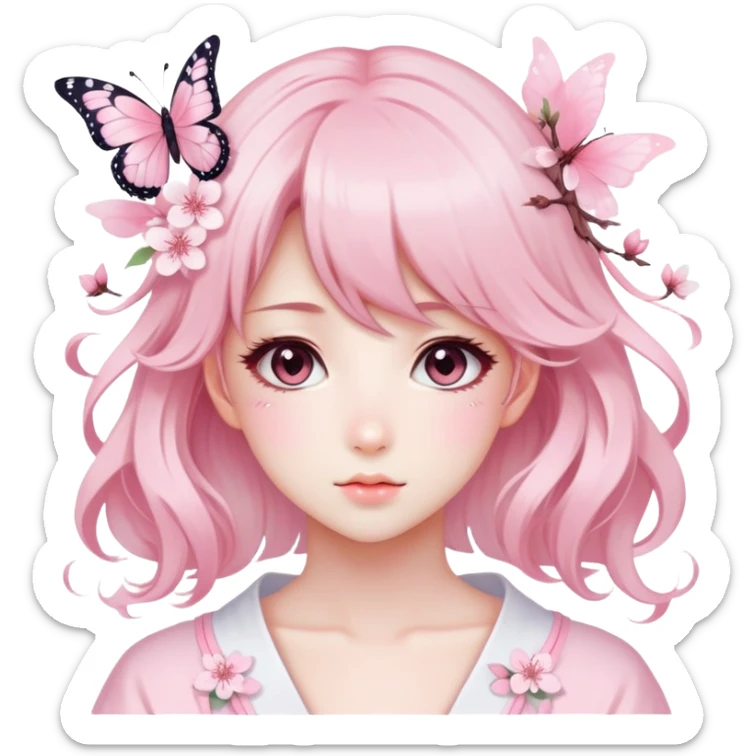 A Gorgeous Beautiful Anime Lady Sakura Cherry Blossom and Pretty Hair, pastelcore aesthetic, pastel pink and white, butterfly, Fairycore sticker