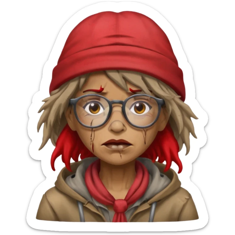 very dirty looking homeless woman with ripped red hat with ugly hair and glassess sticker
