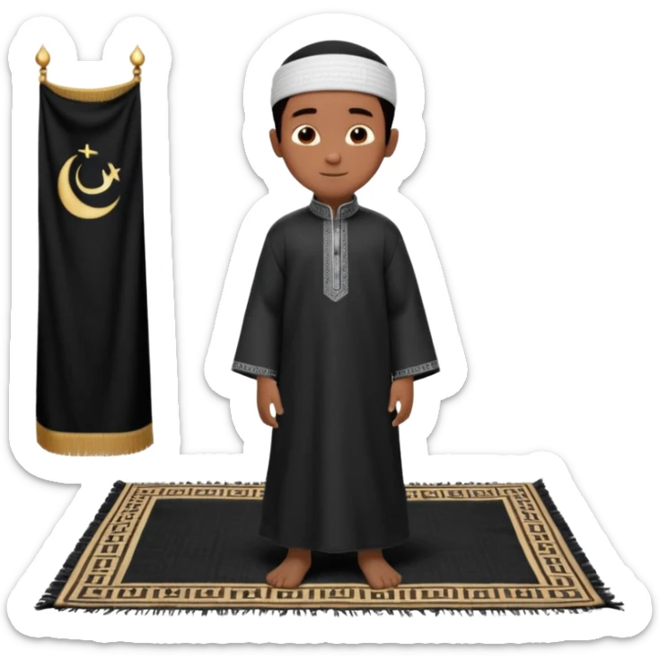 Personnage 3D mignon en style Pixar, un petit garçon portant un qamis blanc et un kufi, tenant un tapis de prière, entouré de lanternes brillantes, fond doux, couleurs chaudes, garçon teint noir TENANT UN APPAREIL PHOTO sticker