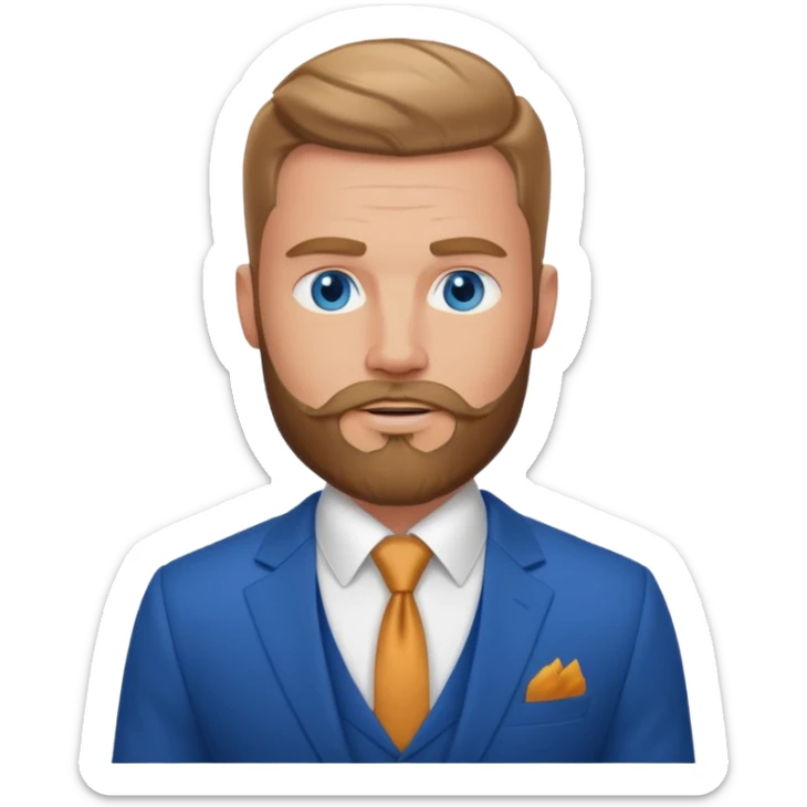 create a master of tactical finesse, a muscled white man in a bespoke suit, blue eyes with a beard sticker