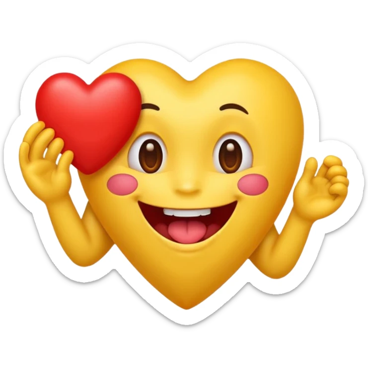 yellow emoji face holding a heart and hes so happy with so happy with teeth and tongue and toes growing out of the top of its head sticker