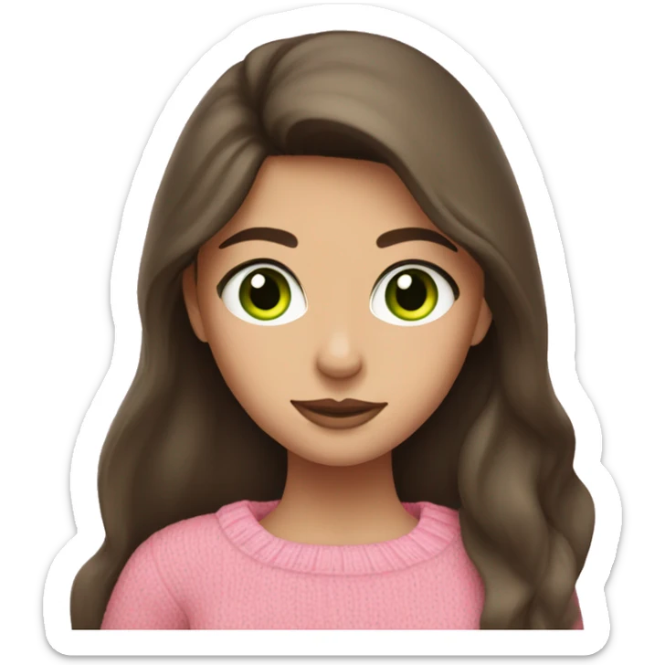 Brunette girl with long hair and green eyes in a pink sweater sticker