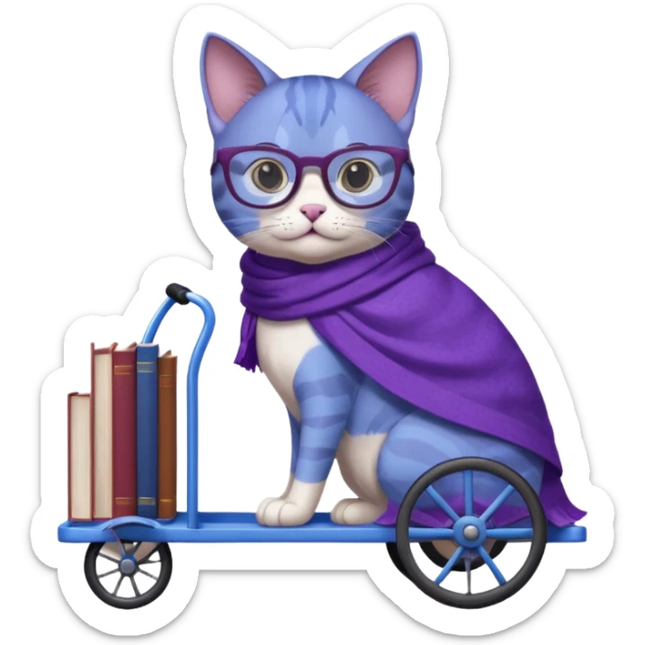 Purple and blue cat, with glasses and a shawl, pushing a 4 wheeled cart full of books sticker