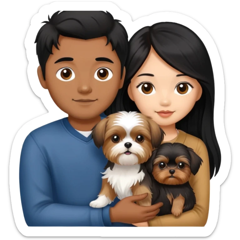 A beautiful Asian girl with long black hair is holding a small Yorkshire Terrier. She is standing next to her brown skinned boyfriend, who is holding a Shih Tzu. They are each holding one dog each sticker