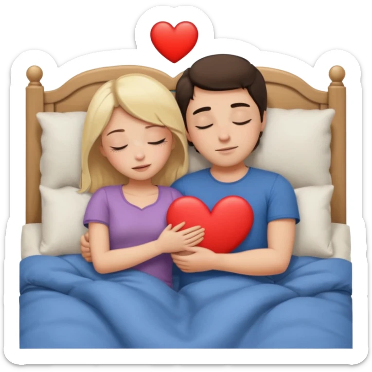 cuddling in bed, asleep. blonde girl. brunette man. eyes closed. heart between them. no headboard sticker