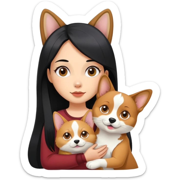 The girl with long black hair holding a corgi and a Abyssinian cat sticker