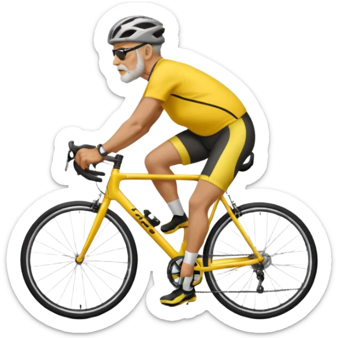 emoji of a 60-year-old man, about 200 lbs, no beard, no eyeglasses, in loose cycling clothes, yellow and black top, straddling a grey road bike, graphic design, adding a background of a road in a neighborhood or highway sticker