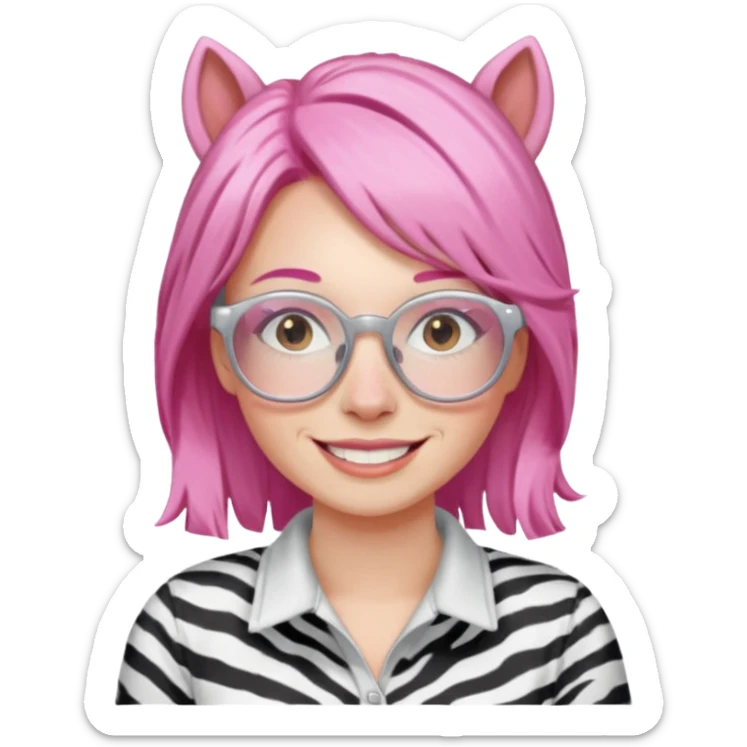 create a emoji of my friend camilla: she wears  white glasses and she has brown hair, make it pink. She loves horses and zebras sticker