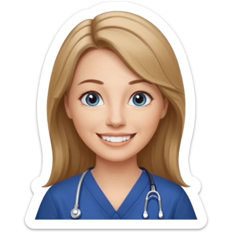 middle aged woman with grey eyes, long, straight light brown / dark blonde hair, grey-blue eyes, winged eyeliner, natural makeup, wearing navy blue scrub top, smiling with teeth showing sticker