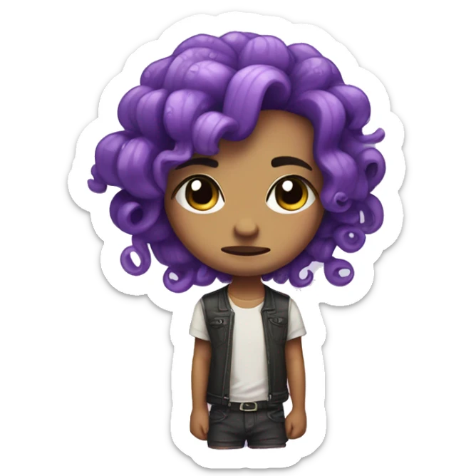 A cute chibi character with purple octopus cut hair and frowning cutely sticker