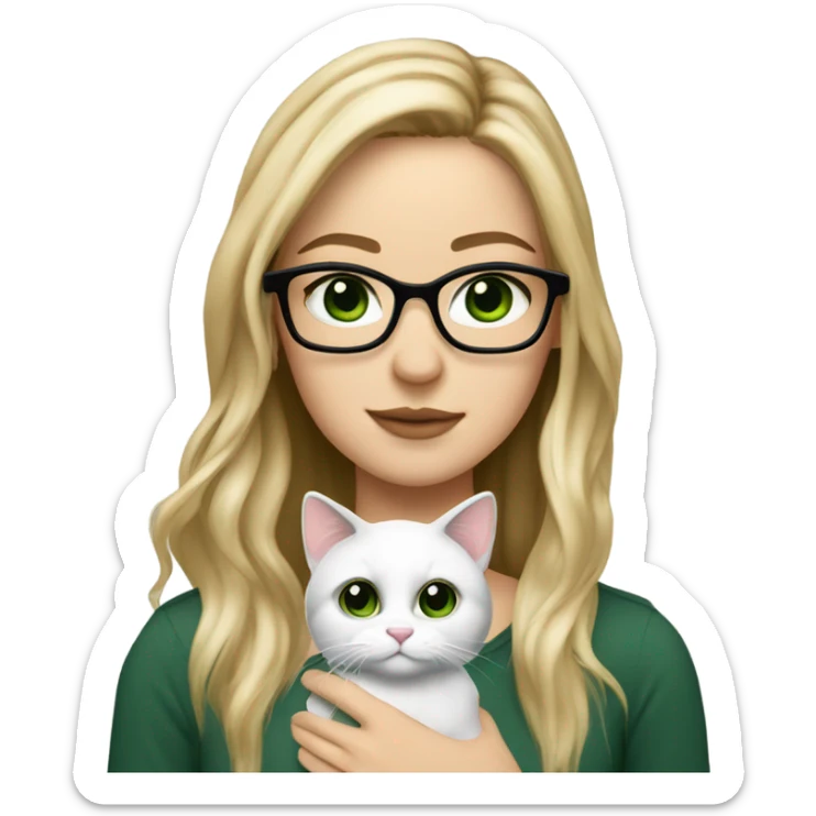 pretty white girl with dark green eyes, long ombré hair from dirty blonde to blonde, with square frame glasses. holding a cat sticker