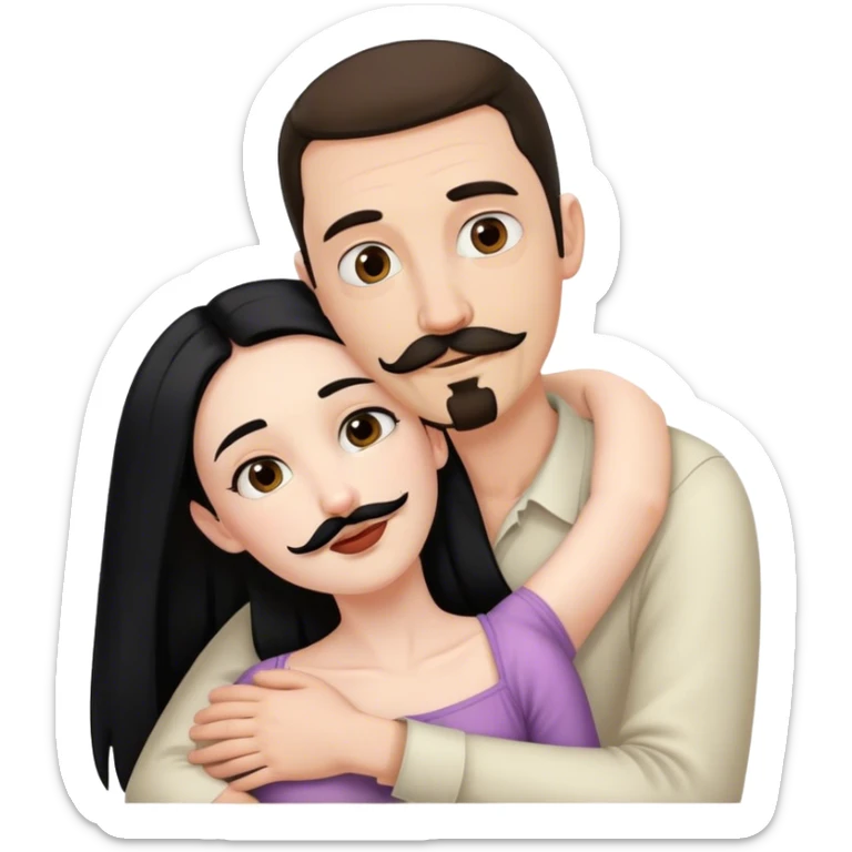 Couple, Tall pale man with brown mustache and goatee, hugging small pale woman long with black hair sticker