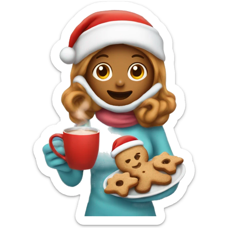 girl with a tray in front of her with gingerman cookies and hot chocolate with blanket and wears a santa hat sticker