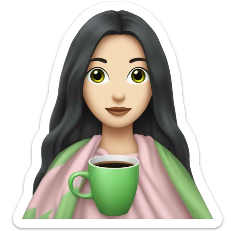 A pretty white girl with very long black hair and green eyes in a light pink blanket sipping coffee sticker