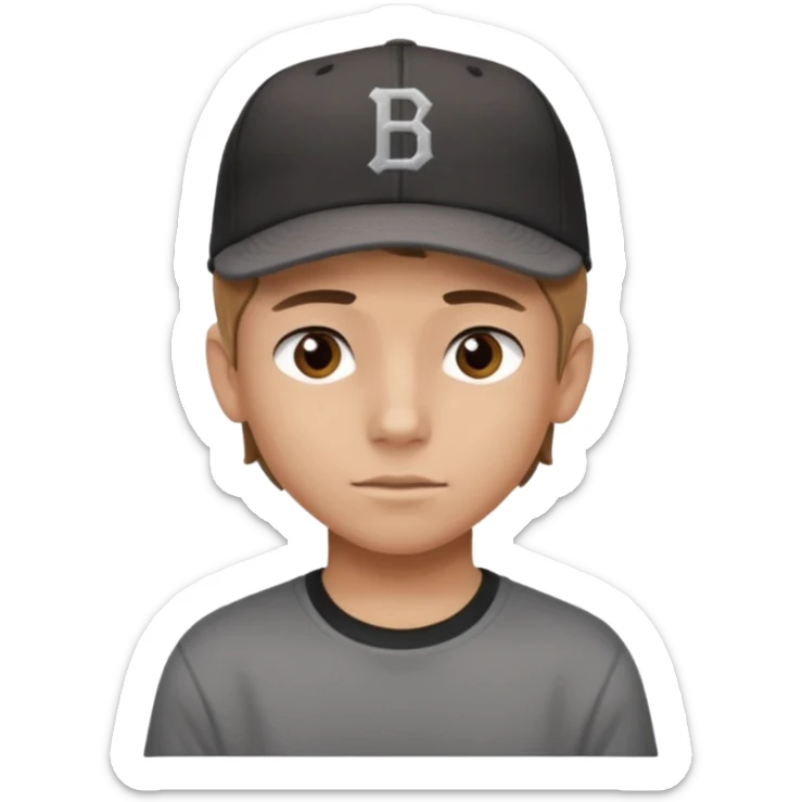 Create a teen boy wearing a faded black T-shirt. He will have light brown hair that is buzzed, tan skin, and dark brown eyes. He is wearing a gray baseball hat turned backwards. sticker