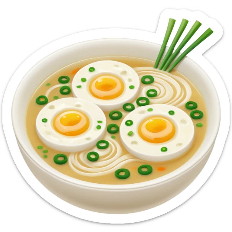 Make an emoji of tteokguk, a traditional Korean food. Okay, take the eggs out of that picture and put rice cakes in it. Make the soup white sticker