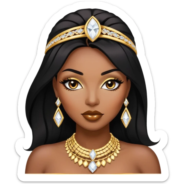 exotic African American woman with dark brown skin, straight black hair, glamorous makeup, gold jewelry, diamonds, curvy and confident, stylish and sexy sticker