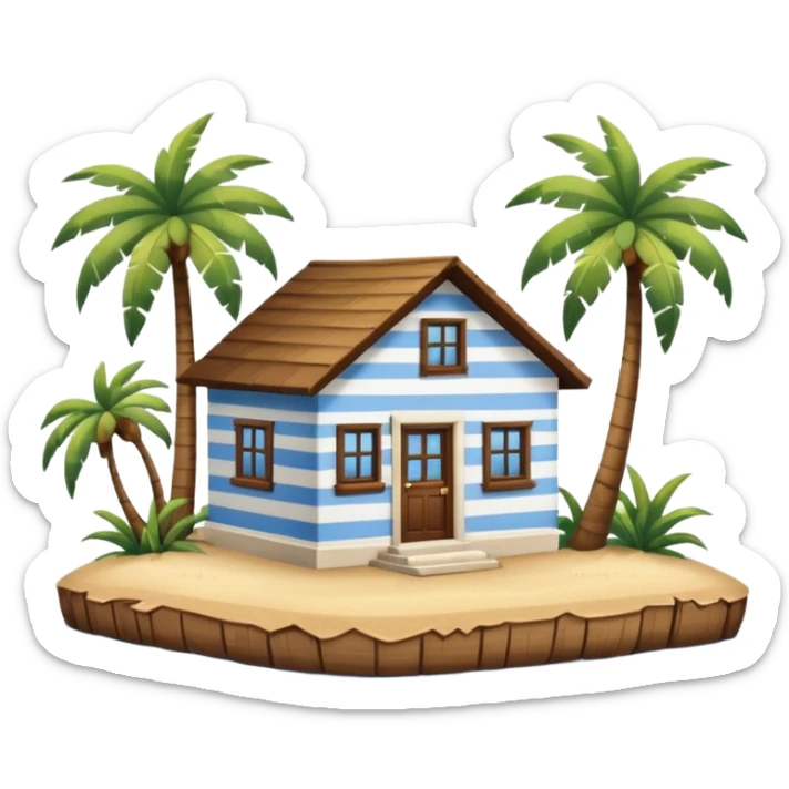 A full square white and blue stripe house horizontally with brown wooden door on a island with palm trees  sticker