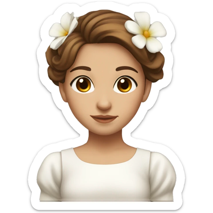 a beautiful girl with midlle straigh liht brown hair and brown eyes, she has a beautiful flower under her ear and she has a white beautiful dess sticker