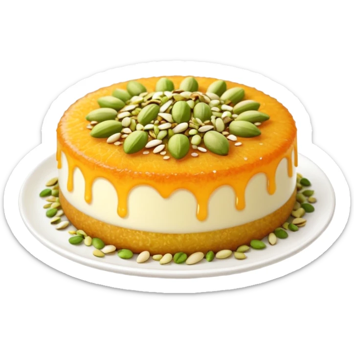 A small round emoji of traditional kanafeh with golden-orange crispy threads, a gooey white cheese center, and a light sprinkle of green pistachios. Warm and delicious-looking. sticker