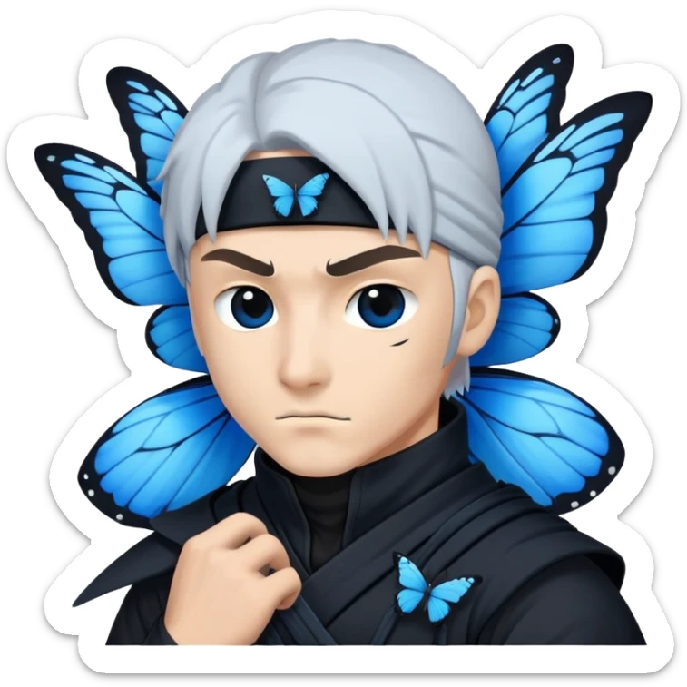 Emoji  con estos dos emojis 🦋 🥷🏻.
Ninja vestido de negro con los ojos de color negro y la piel blanca y con la mariposa azul posada en su hombro izquierdo como si estuviera volando en su hombro. sticker