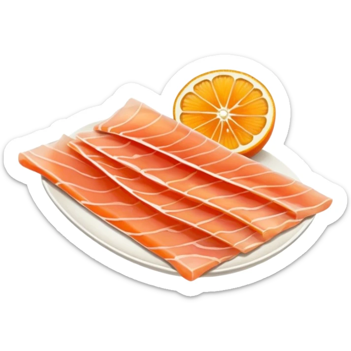 artisanal thin slice of smoked trout, orange-pink, smooth and glossy, with irregular edges and gentle folds, no plate or garnish, soft shadows, transparent background, emoji scale sticker