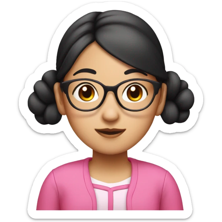 "An Asian girl with black hair, wearing glasses, and dressed in a pink outfit. Her hair is styled in two buns on either side." sticker
