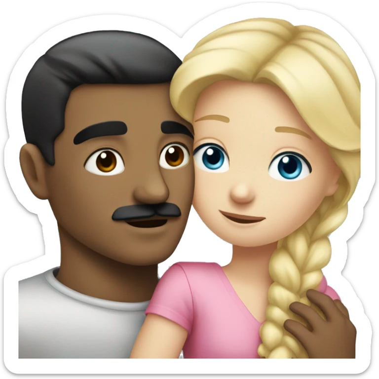 blonde blue eyed girl, hugging a man with black hair and black mustache sticker