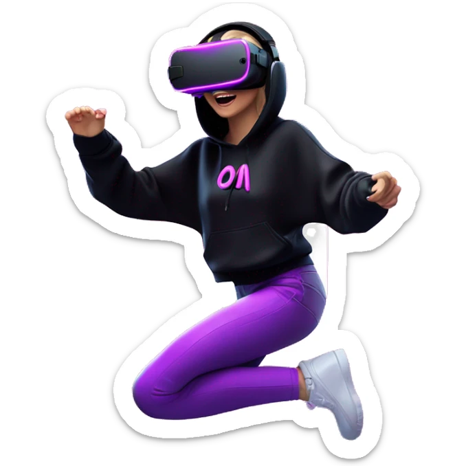 Russian girl wearing black hoody with violet letters "OMG", in vr headset oculus quest2. jumping. Cyberpunk style. Violet neon. sticker