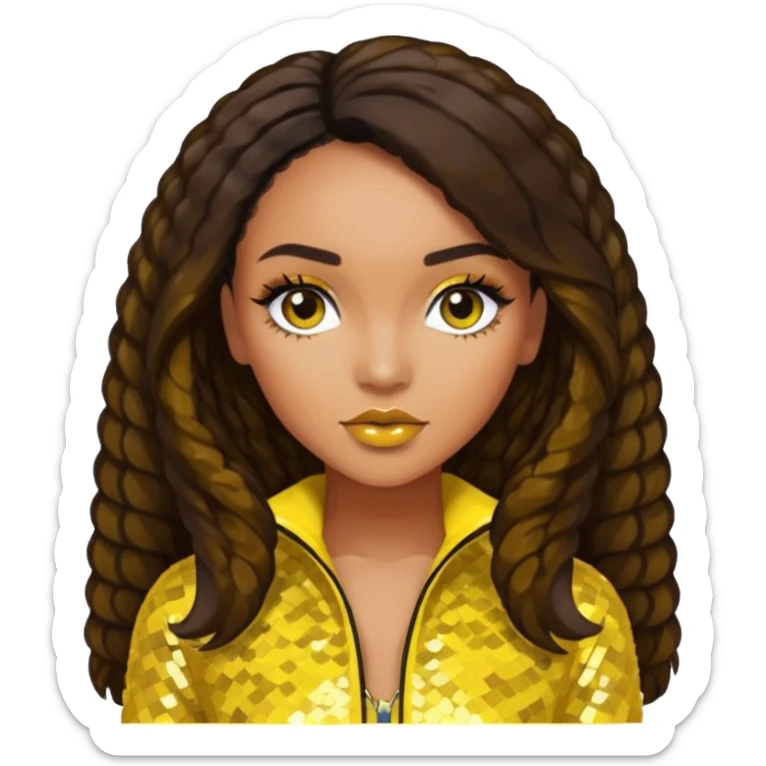 Leigh-Anne Pinnock from Little Mix with long dark brown hair, yellow sequin outfit sticker