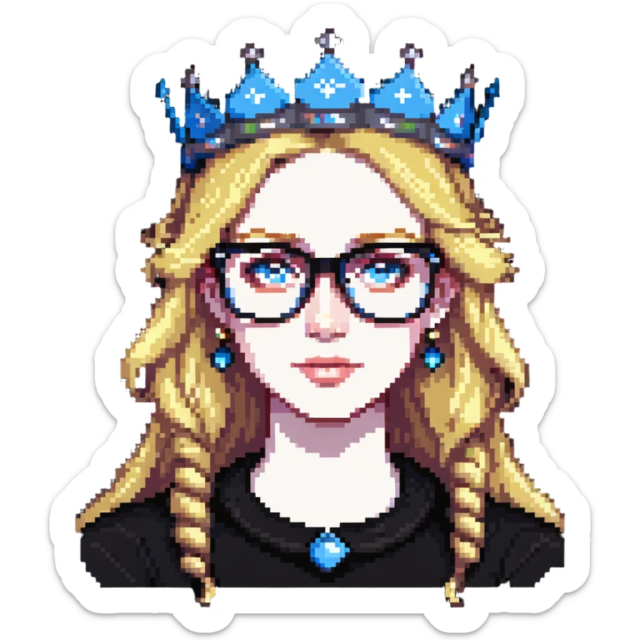 beautiful princess with blonde hair, bright blue eyes, wearing stylish glasses and a crown sticker