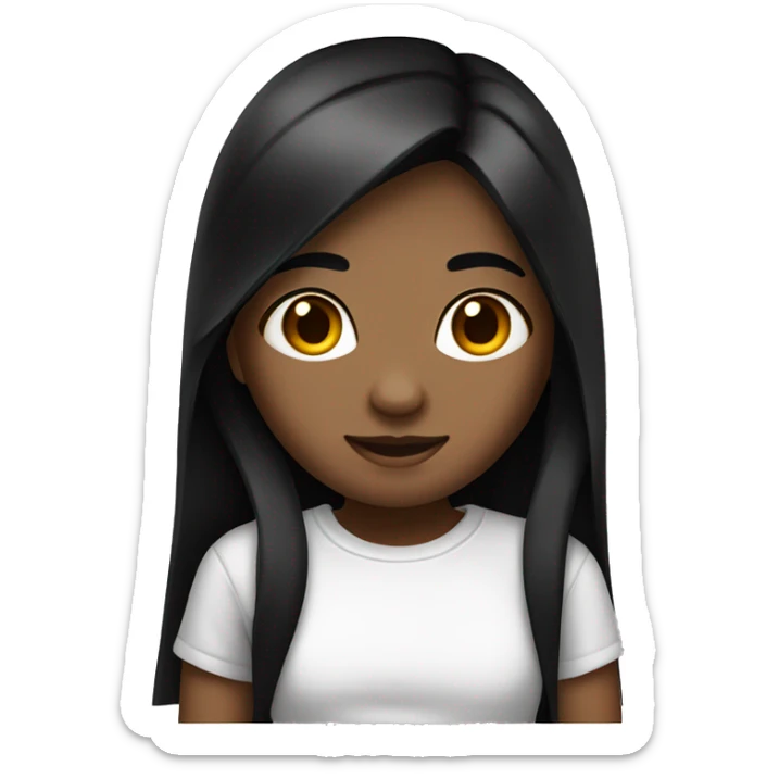 Girl with long, straight black hair, a little dark complexion and a white t-shirt sticker