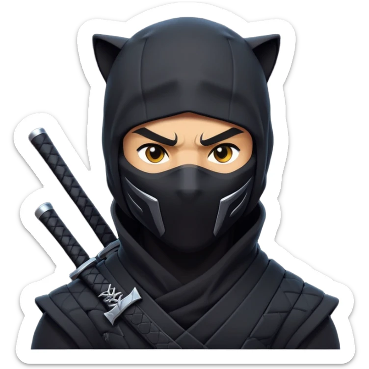 clash-of-clans-aesthetic_-cinematic-mysterious-male-ninja-portrait-emoji, rendered in a flat, vector-style similar to standard emojis with minimal shading and bold, simplified shapes, head slightly turned, revealing only intense, focused eyes, perched on a sleek panther moving silently through the shadows. sticker