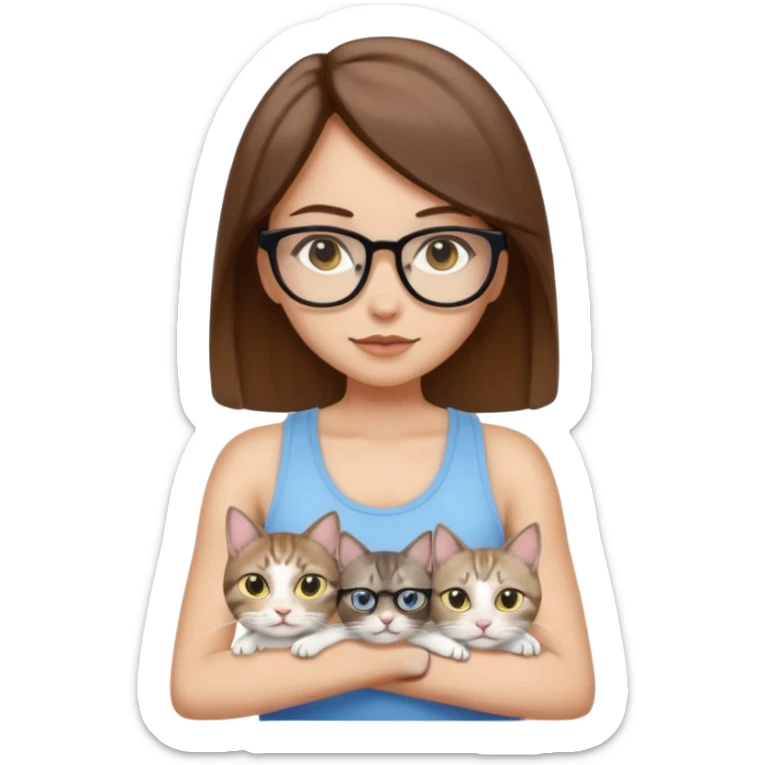 iOS-style emoji of a light-skinned girl with straight medium brown hair, black glasses and a white tank top, holding two cats: one white with yellow eyes and one gray tabby Siamese with blue eyes. sticker