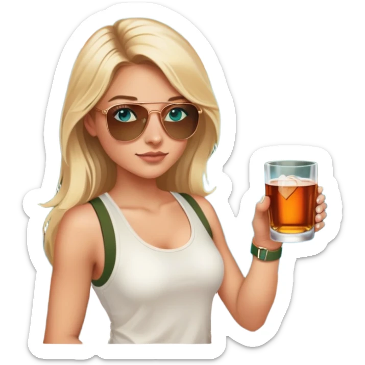 girl with long blond hair
with blue eyes
and aviator sunglasses
wearing white tank top 
holding a glass of whiskey 
wearing rose gold apple watch with forest green band  sticker