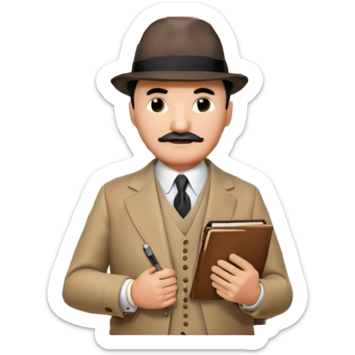 A cinematic-style frame showing Hercule Poirot in his iconic suit with a notebook in a dramatic detective pose. Background should be mysterious city, map, a board with photos of suspects, clues like fingerprints. Transparent background. sticker