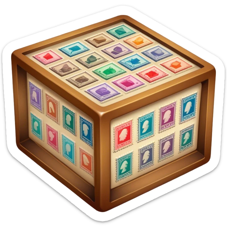 Icon for Stamp Collecting: a large stamp block in the center and a collection of vintage and colorful stamps arranged in an album or on a desk around, with showcasing different themes. The icon should reflect the charm and history of philately. Transparent background. sticker