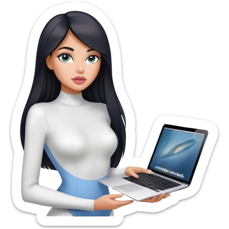 Glamours, tanned, very beautiful girl, with big pump peach-beige-rose lips, black straight smooth silky long hair, straight parting, blue-grey eyes, in white bodysuit holding MacBook sticker