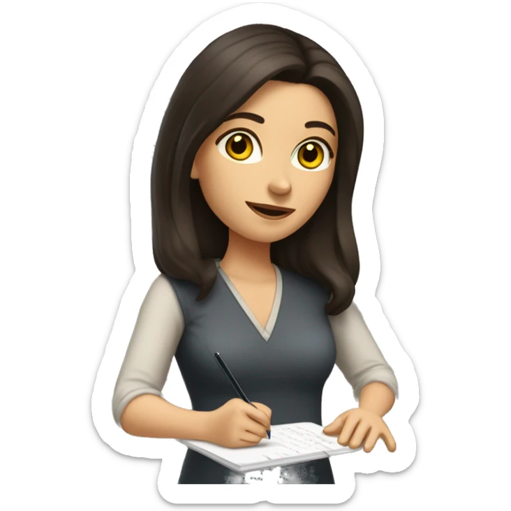 caucasian woman with long dark brown hair and dark brown eyes writing notes sticker