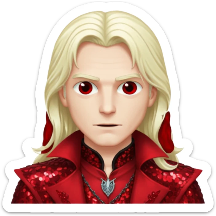 Alucard, Son of Dracula with long platinum blonde hair, dark red sequin outfit  sticker