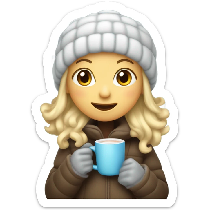 Girl with blonde hair, ear muffs, a beanie, with a puffy jacket holding hot coco in apple woman emoji style  sticker