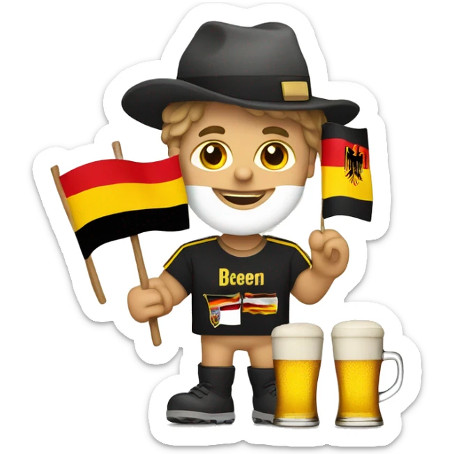 German Football Fan with flag, beer, schnitzel, and a football sticker