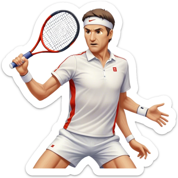 Cinematic Realistic portrait of Goran Ivanišević, depicted as an iconic tennis player in dynamic motion with detailed athletic gear and intense focus, illuminated by bold stadium lighting that accentuates his competitive spirit. sticker